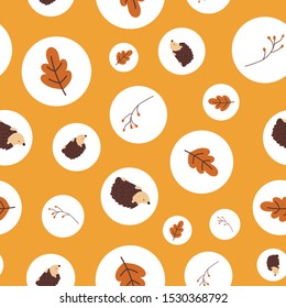 Autumn polka dot pattern with fall elements. Woodland Scandinavian design with hedgehog, plant, mushroom, leaf. Yellow red brown orange warm fall color. Kids background, textile, home decor, packaging