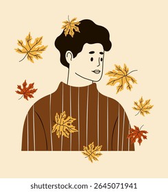 Autumn Portrait with maple Leaves. Minimalist hand drawing. Vector illustration 
