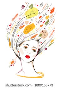 Autumn portrait.Vector sketch with decorative pattern of autumn leaves.Fashion illustration