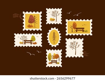 Briefmarkensatz Herbst mit Bäumen und Bänken auf dunklem Hintergrund. Eine Sammlung stilisierter Herbstbriefmarken mit bunten Bäumen, Bänken und fallenden Blättern. Dekorativer brauner Hintergrund und Fliege