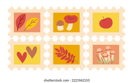Autumn postage stamps for letters vector illustrations set. Collection of cartoon drawings of stamps with leaves, mushrooms, apple and hearts. Autumn, post service, communication concept