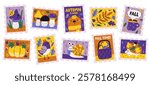 Autumn postage stamps with seasonal accessories, cute bird, insect, animal characters, forest natural elements vector illustration. Sticky postmarks for greeting cards, invitation correspondence set