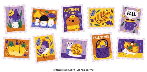 Autumn postage stamps with seasonal accessories, cute bird, insect, animal characters, forest natural elements vector illustration. Sticky postmarks for greeting cards, invitation correspondence set