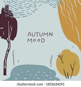 Autumn postcard with blue background with trees, lake, autumn atmosphere