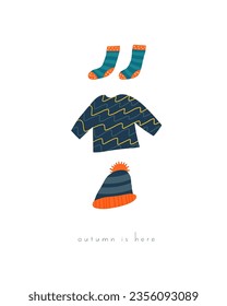 Herbstpostkarte mit süßem handgezeichneten Doodle-Pullover. Eigene Abdeckung, Seite, Vorlage, Banner, Broschüre, Flyer, Poster, Druck, Karte mit Hut, Socken. Saisonaler, gemütlicher Hintergrund für Kinder, Kinder