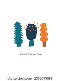 Postal otoñal con lindos doodles dibujados a mano. Portada otoñal, página, plantilla, banner, folleto, volante, afiche, impresión, tarjeta con objetos forestales. Acogedor escenario estacional para niños, niños