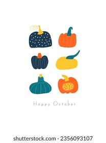 Autumn postcard with cute hand drawn doodle pumpkins. Autumnal cover, page, template, banner, brochure, flyer, poster, print, card with funny objects. Seasonal cozy fall background for kids, children