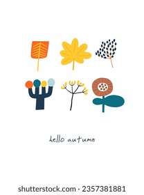 Autumn postcard with cute hand drawn doodle plants, leaves. Autumnal cover, page, template, banner, brochure, flyer, poster, print, card with nature elements. Seasonal cozy fall background for kids