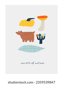 Autumn postcard with cute hand drawn doodle pumpkin, bear. Autumnal cover, page, template, banner, brochure, flyer, poster, print, card with funny objects. Seasonal cozy fall background for kids