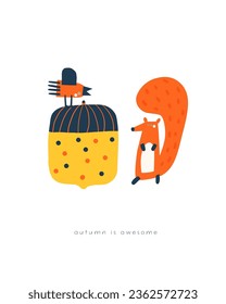 Autumn postcard with cute hand drawn doodle fox, bird, acorn. Autumnal cover, page, template, banner, brochure, flyer, poster, print, card with funny objects. Seasonal cozy fall background for kids