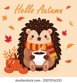 autumn postcard with cute hedgehog in scarf with coffee mug