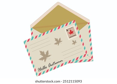 Autumn postcard and envelope. Minimalistic envelope design featuring fall leaves and seasonal greetings for autumn celebration. Autumn background, cover, sale banner, advertising, web.