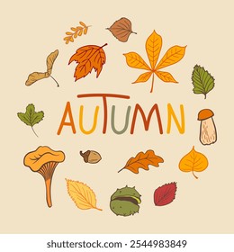 autumn postcard featuring colorful leaves, acorns, mushrooms, and the word "AUTUMN" in warm, earthy tones. Perfect for seasonal greetings, fall decor, or invitations.