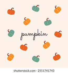 Autumn postcard featuring small pumpkins in orange, yellow, and green colors scattered around the world "pumpkin." Thanksgiving Day. Seasonal designs, greeting cards, and festive decorations.