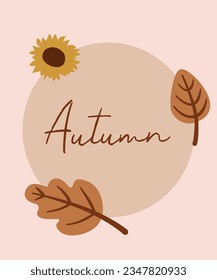 Autumn Postcard with Flat Design and Sunflower,Leaves
