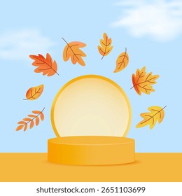Autumn postcard with foliage frame and podium for seasonal product presentation. Warm and cozy color scheme. Surrounded by soft falling leaves.  Vector illustration