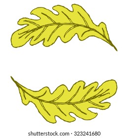 Autumn postcard in the form of two hand-drawn autumn yellow oak leaves, converging and forming a frame for the text. All isolated.