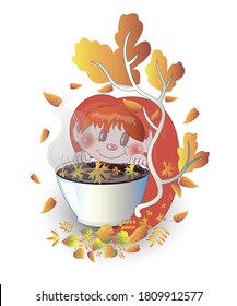 Autumn postcard. A girl with red hair, she is a symbol of autumn, sniffs a cup of tea, a tree grows from her and autumn leaves float in it. The illustration isolated on white background. 