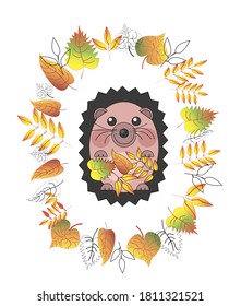 Autumn postcard. Hedgehog drawn in autumn leaves in flat style. The illustration is isolated on a white background. Stock vector illustration.