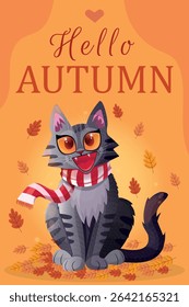 Cartão postal de outono olá outono. O gatinho em um cachecol fica na folhagem. As folhas multicoloridas caem sobre o gatinho. Cartão-postal vetorial. Humor de outono