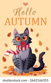Cartão postal de outono olá Autumn. O gatinho em um cachecol fica na folhagem. As folhas multicoloridas caem sobre o gatinho. Cartão-postal vetorial. Humor de outono. Queda de folhas. Gatinho e outono