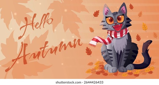 Autumn postcard hello Autumn. Kitten in a scarf sits in the foliage. Multicolored leaves fall on the kitten. Vector postcard. Autumn mood. Leaf fall. Kitten and autumn