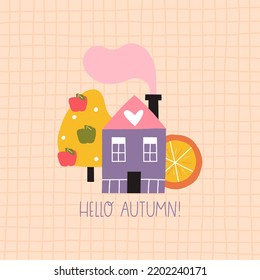 Autumn postcard with lettering. Vector modern print isolated on background. Autumn harvest season.