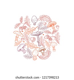 Autumn postcard of mushrooms, fly agarics and oak leaves. Linear illustration.  Hand-drawn. Hello Autumn