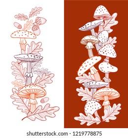 Autumn postcard of mushrooms, fly agarics and oak leaves. Linear illustration.  Hand-drawn.
