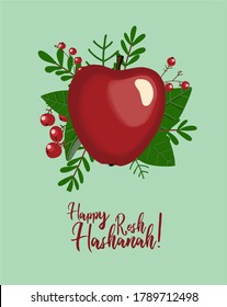 Autumn postcard. Red Apple. Autumn composition. Poster for the Jewish New Year. inscription happy rosh hashanah