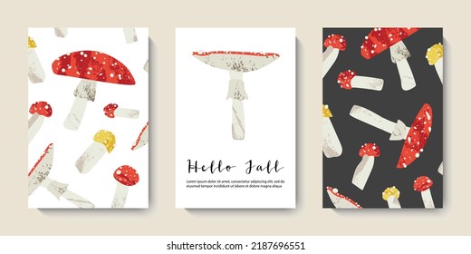 Autumn postcard: red, yellow fly agaric, amanita muscaria. Hello Fall card. Poisonous inedible mushroom. Autumn seasonal forest fungi. Vector flat cartoon illustration