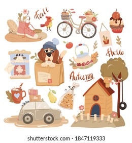 Herbstpostkarte. Set von Vektorsymbol auf dem Thema Hallo Herbst. Sammlung süßer saisonaler Elemente. Vektorgrafik für Design, Typografie-Karten und Poster.
