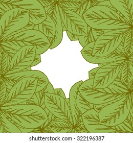 Autumn postcard. Square frame from hand-drawn green autumn leaves of chestnut. All isolated.