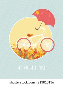 Autumn postcard template with bicycle and red umbrella