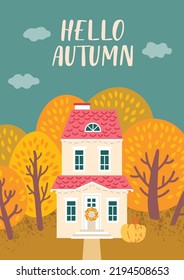 Autumn Postcard Template With House And Fall Trees