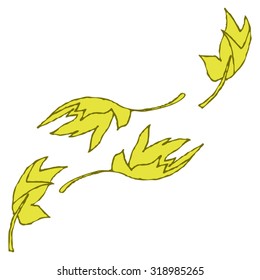 Autumn postcard. Vortex from developing yellow hand-drawn autumn leaves. All isolated.