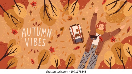 Autumn postcard with young happy woman lying on ground with leaves. Cozy fall banner with relaxed person among trees in forest. Cute teenager on September background. Colored flat vector illustration