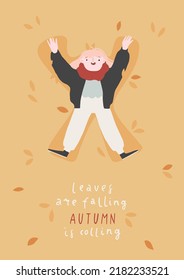 Autumn postcard with young happy woman lying on ground with leaves. Cozy card with fun person among leaves. Cute girl teenager on Fall background. Colored flat vector illustration in cartoon style
