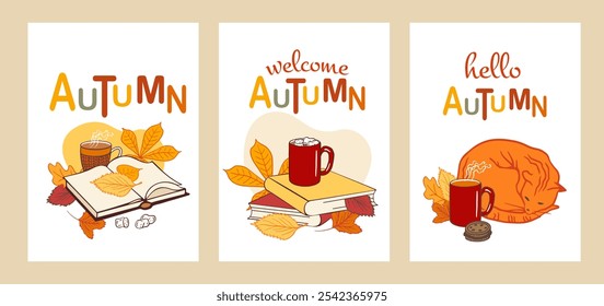 autumn postcards feature cozy seasonal designs with warm fall elements like leaves, books, mugs, and a curled-up cat. Ideal for seasonal greetings, fall décor, posters, banners, and more.