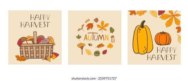 Autumn postcards with harvest baskets, pumpkins, and colorful leaves. Perfect for seasonal greetings, home decor, or fall invitations. Rich in earthy tones, they evoke warmth and coziness.