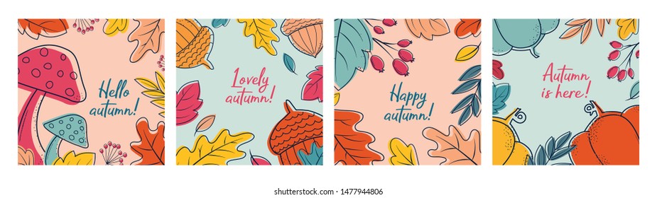 Autumn postcards with leaves, berries, mushrooms, acorns, pumpkins. Greeting cards for vector flat design. Fall template. Cute invitation. Background with autumn plants for  the holiday.