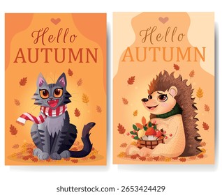 Cartões postais de outono. Conjunto de cartões postais com temas de outono. Olá, outono. Um gatinho sentado em uma pilha de folhas caídas. Um ouriço com uma cesta cheia de frutos, cogumelos e folhas. 