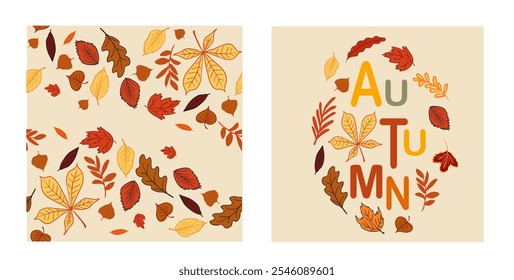 autumn postcards with vibrant fall leaves and acorns, paired with bold "AUTUMN" typography for seasonal invitations, banners, or fall-themed decor.