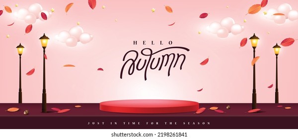 Autumn poster banner background with studio table room product display decorate Variety of autumn leaves falling 