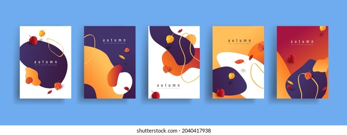 Autumn poster banner collection in line art drawing with abstract shape background