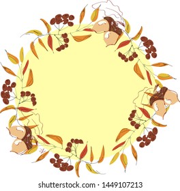 Autumn poster or autumn banner for september fall maple leaf, oak acorn foliage, rowan branch. Vector design for a leaflet shop or web banner on a white background. Freehand drawing