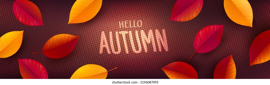 Autumn Poster or banner template with colorful Autumn leaves on knitted sweater background.Greetings and presents for Autumn and fall season concept.
