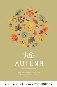 Autumn poster and banner template with leaves on green background. Vector illustration for flyer, shop, invitation, discount, sale, decoration.