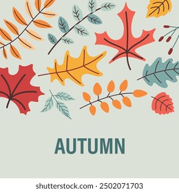 Autumn poster or card in trendy design. Fall, Thanksgiving day background in flat style. Bright vector illustration of leaves.
