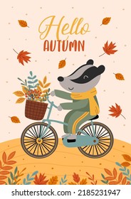 Autumn poster with a cute badger riding a bike